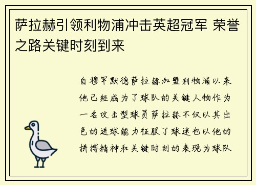 萨拉赫引领利物浦冲击英超冠军 荣誉之路关键时刻到来